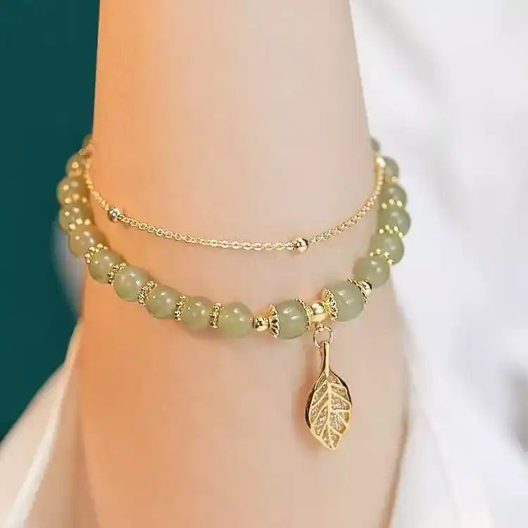 Braccialetto in Giada di Hetian con foglia d'oro